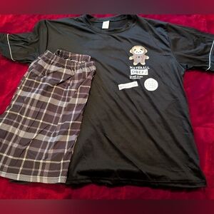 SHEIN Black Short-Sleeve Bear Graphic Pajama Set with Plaid Shorts